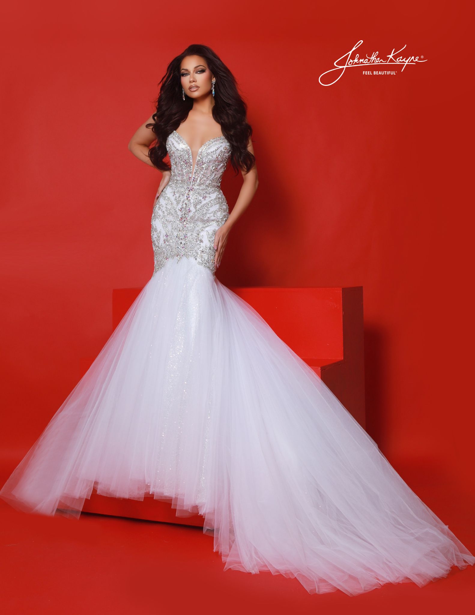 White mermaid pageant gown with crystal detail and dramatic flare - flawless for national pageants, homecoming court, galas, and bridal.